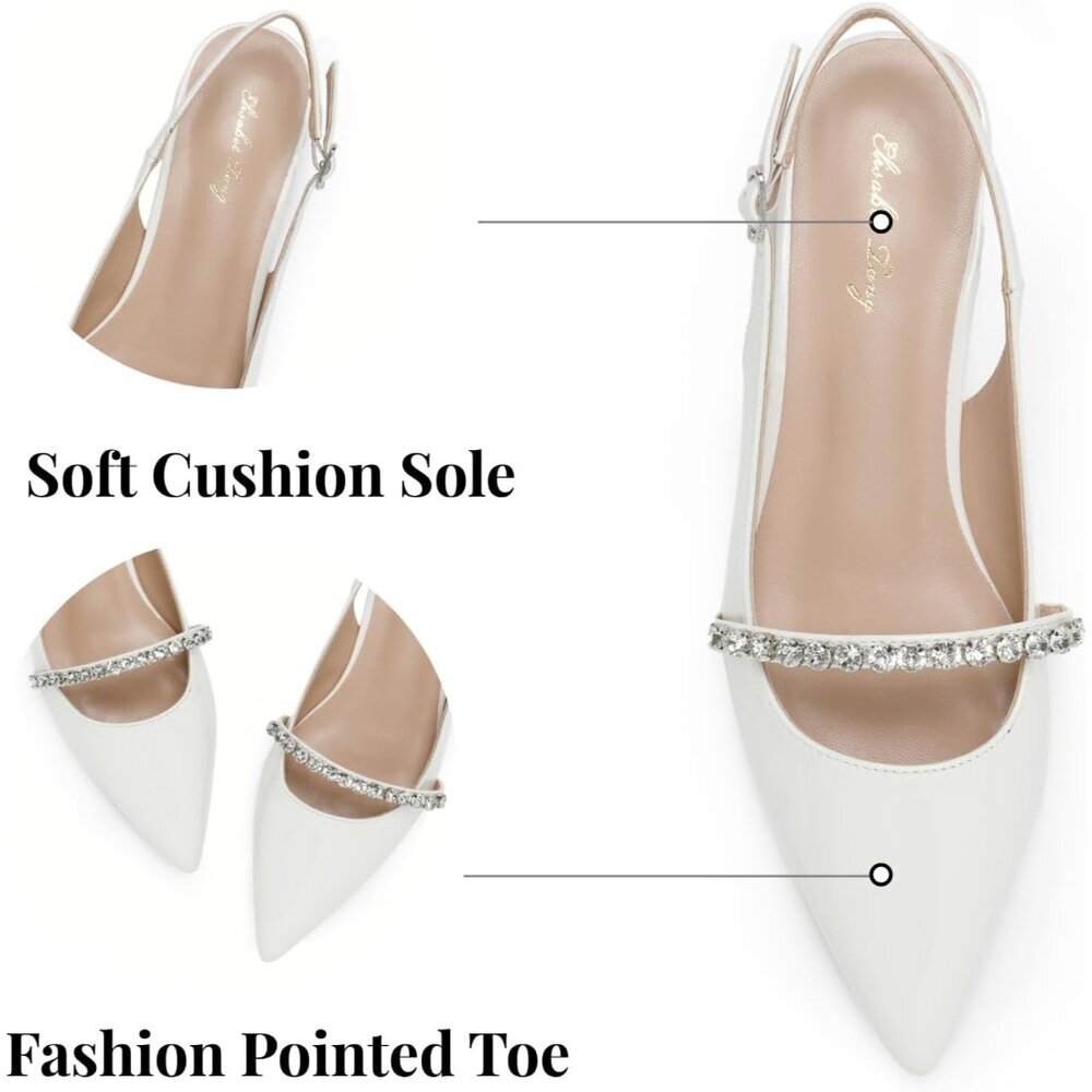Women White Patent Polyurethane (PU) Rhinestone Pointed Toe Slingback Flats - Picture 2 of 9